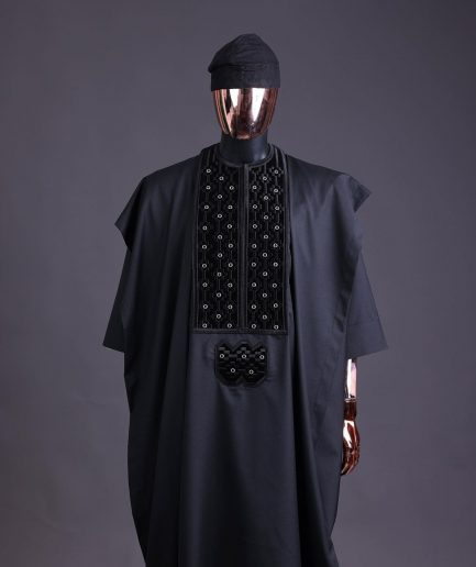A charcoal black, grommet eyelet on dropping octa embroidery details agbada