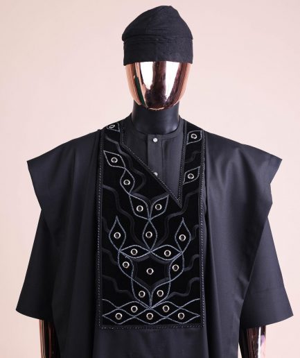 A charcoal black, grommet eyelet on root splash embroidery details agbada