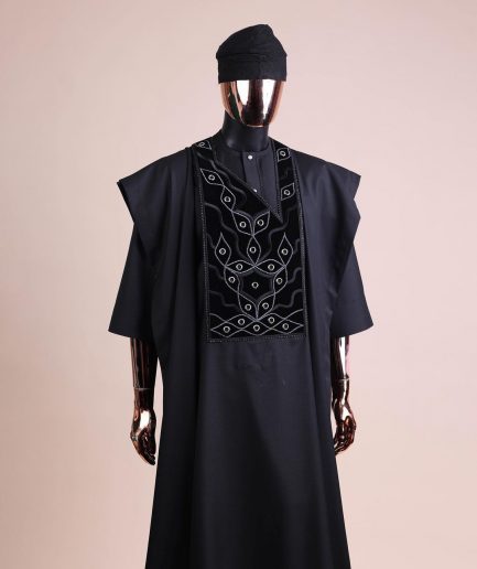 A charcoal black, grommet eyelet on root splash embroidery details agbada