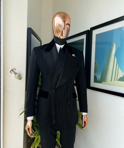A Charcoal Black “Mandate” rain drop patterned jacquard, triple breasted tuxedo suit