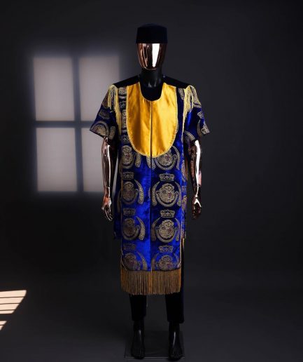 An “Isiagba” gold, blue with matching fringe details, short sleeve top & velvet pant African traditional native.