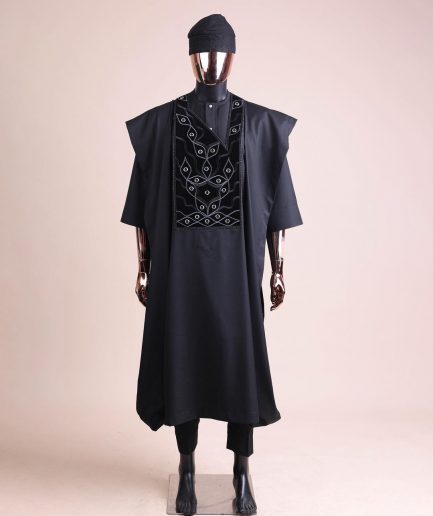 A charcoal black, grommet eyelet on root splash embroidery details agbada