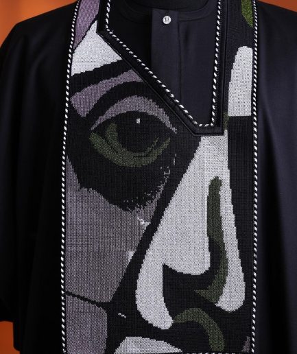 A Charcoal black, “Oju Aye” on canvas embroidery details agbada, silver clear view Swarovski buttons on 3/4 sleeve kaftan & sokoto