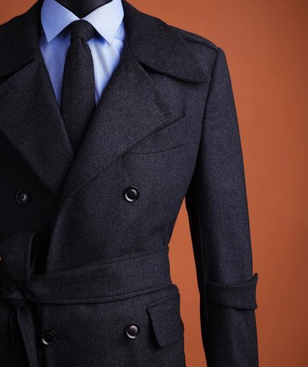 A Charcoal Grey, peak lapel jorgecarli vogue trench wool suit