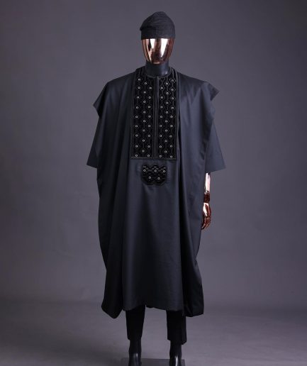 A charcoal black, grommet eyelet on dropping octa embroidery details agbada