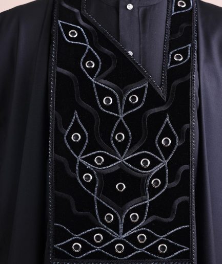 A charcoal black, grommet eyelet on root splash embroidery details agbada