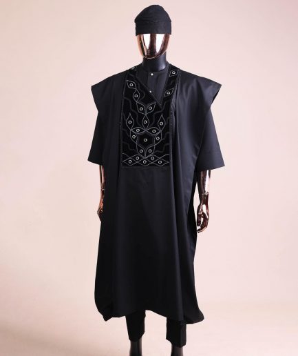 A charcoal black, grommet eyelet on root splash embroidery details agbada
