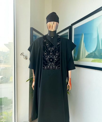 A charcoal black, grommet eyelet on root splash embroidery details agbada