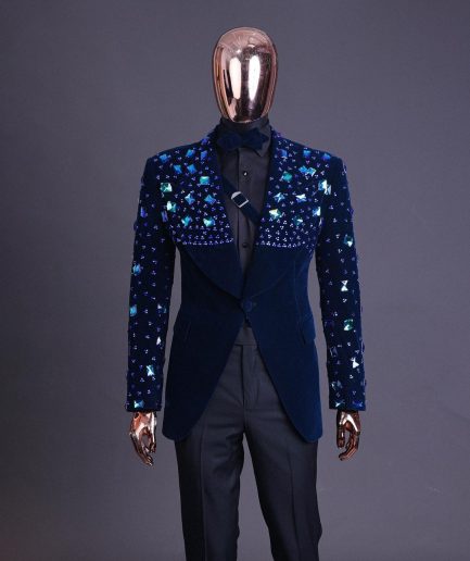 A Navy blue Glass and stone Swarovski mix shawl lapel single button tuxedo blazer suit