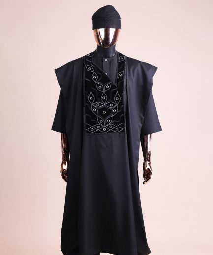 A charcoal black, grommet eyelet on root splash embroidery details agbada