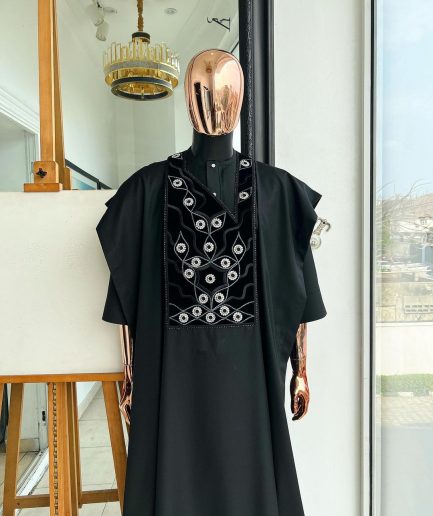 A charcoal black, grommet eyelet on root splash embroidery details agbada