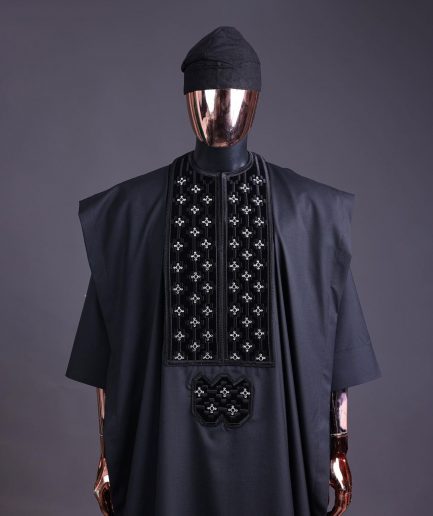 A charcoal black, grommet eyelet on dropping octa with silver Swarovski embroidery details agbada
