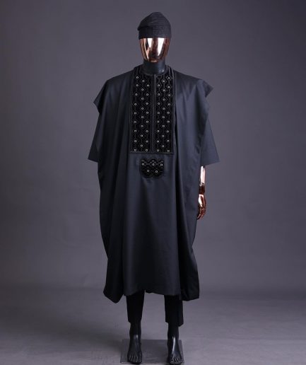 A charcoal black, grommet eyelet on dropping octa embroidery details agbada