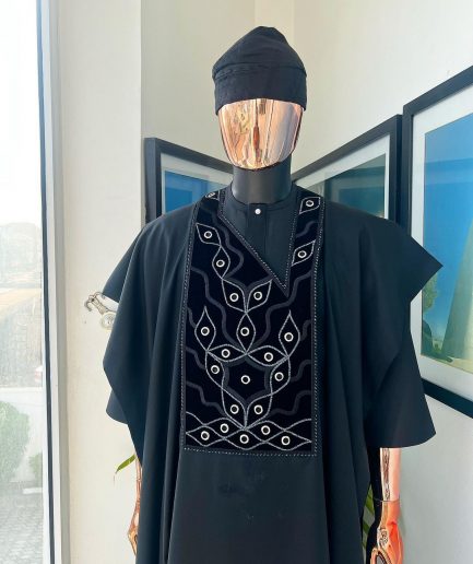 A charcoal black, grommet eyelet on root splash embroidery details agbada