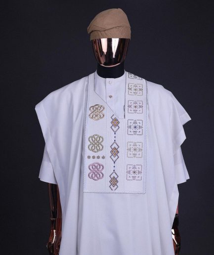 A White, connected square & renaissance maze embroidery details agbada