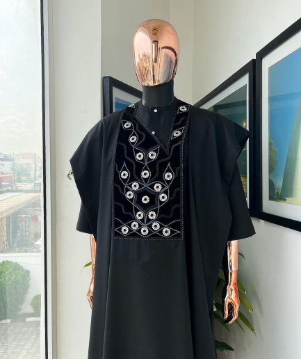 A charcoal black, grommet eyelet on root splash embroidery details agbada