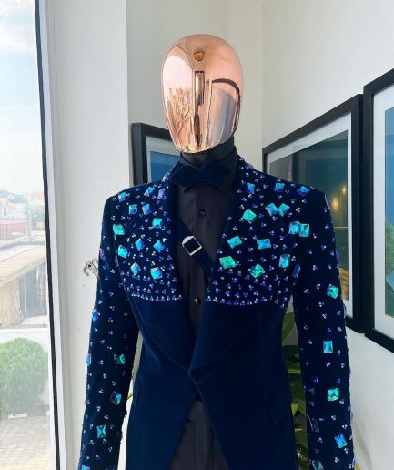 A Navy blue Glass and stone Swarovski mix shawl lapel single button tuxedo blazer suit