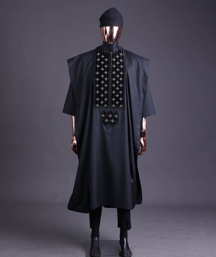 A charcoal black, grommet eyelet on dropping octa with silver Swarovski embroidery details agbada