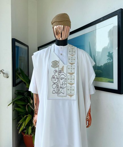 A white, connected faces renaissance maze embroidery details agbada