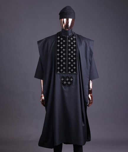 A charcoal black, grommet eyelet on dropping octa with silver Swarovski embroidery details agbada