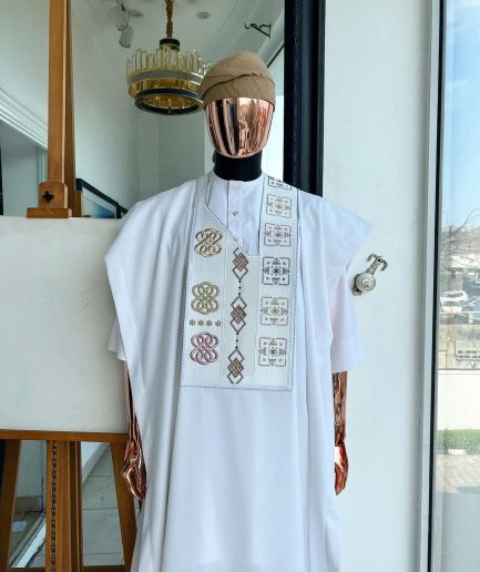 A White, connected square & renaissance maze embroidery details agbada