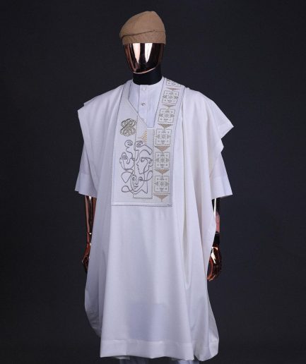 A white, connected faces renaissance maze embroidery details agbada