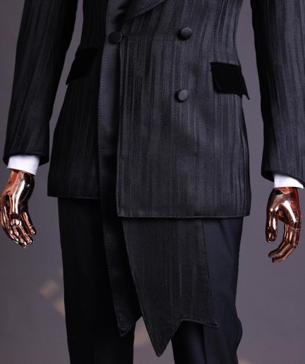 A Charcoal Black “Mandate” rain drop patterned jacquard, triple breasted, 2 layer dropping sache tuxedo suit.