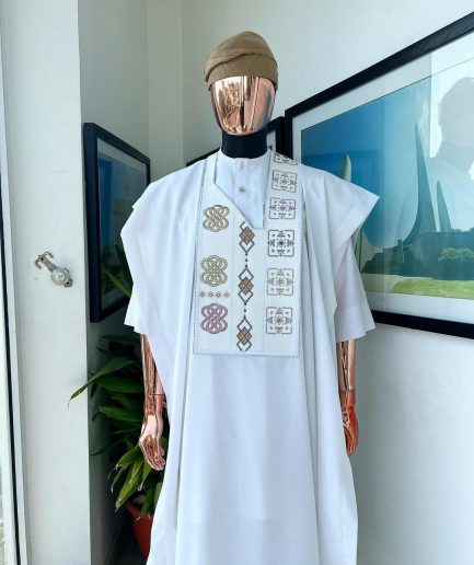 A White, connected square & renaissance maze embroidery details agbada