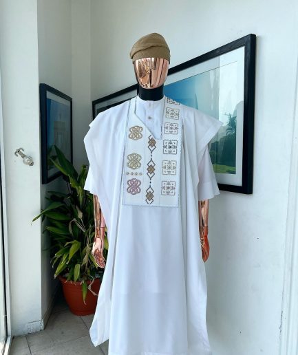 A White, connected square & renaissance maze embroidery details agbada