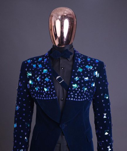 A Navy blue Glass and stone Swarovski mix shawl lapel single button tuxedo blazer suit