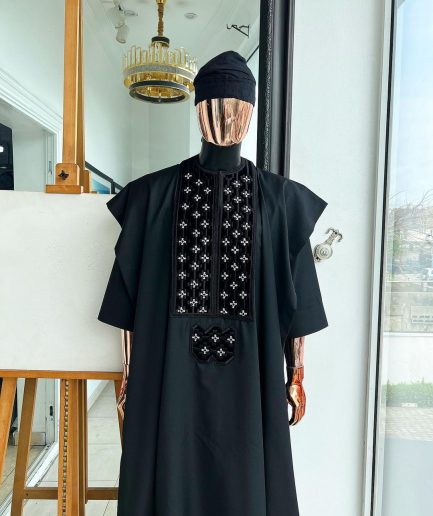 A charcoal black, grommet eyelet on dropping octa with silver Swarovski embroidery details agbada