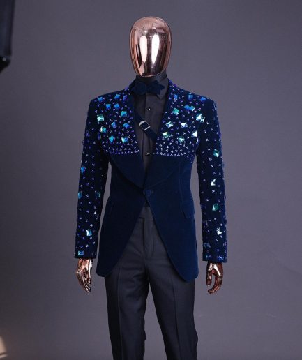 A Navy blue Glass and stone Swarovski mix shawl lapel single button tuxedo blazer suit