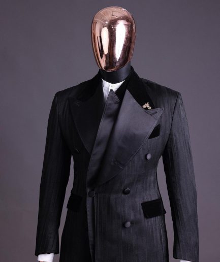 A Charcoal Black “Mandate” rain drop patterned jacquard, triple breasted tuxedo suit