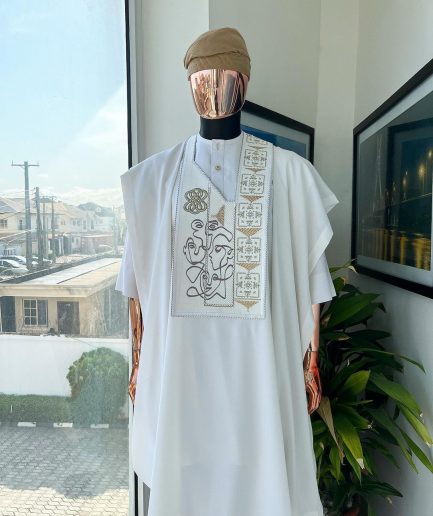A white, connected faces renaissance maze embroidery details agbada