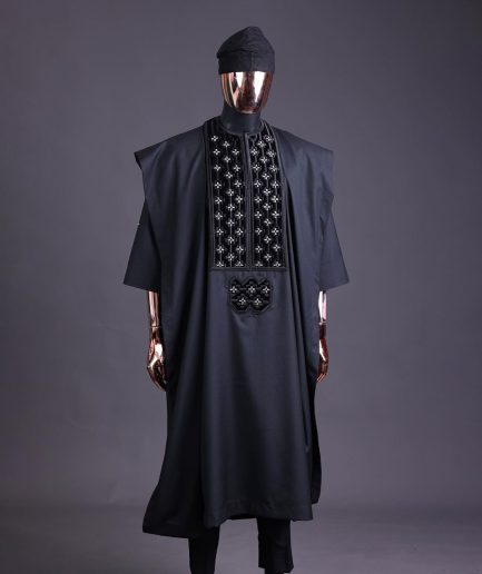A charcoal black, grommet eyelet on dropping octa with silver Swarovski embroidery details agbada