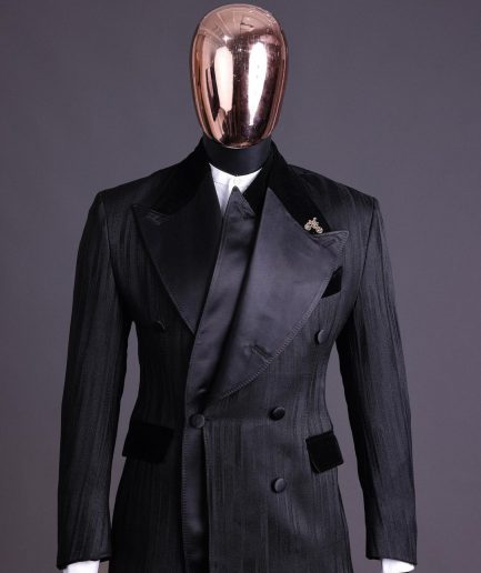 A Charcoal Black “Mandate” rain drop patterned jacquard, triple breasted, dropping sache tuxedo suit