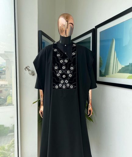 A charcoal black, grommet eyelet on root splash embroidery details agbada