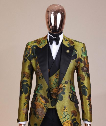 A Light Olive Green, Emerald, Orange, Black Mix Metallic Jacquard, Peak Lapel Tuxedo Suit
