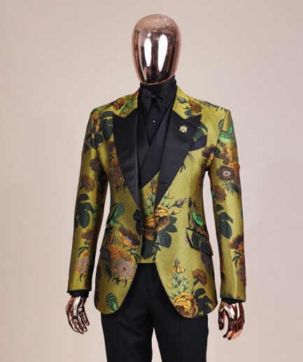 A Light Olive Green, Emerald, Orange, Black Mix Metallic Jacquard, Peak Lapel Tuxedo Suit