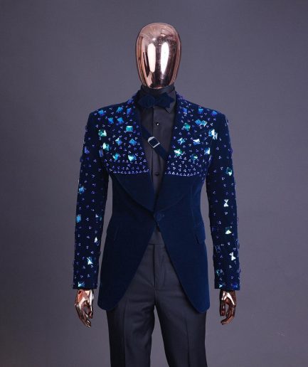 A Navy blue Glass and stone Swarovski mix shawl lapel single button tuxedo blazer suit