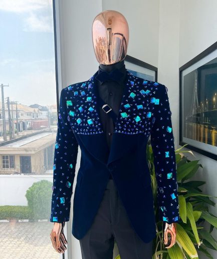 A Navy blue Glass and stone Swarovski mix shawl lapel single button tuxedo blazer suit
