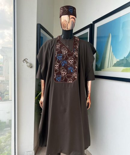 An Umber Brown, AI connected iron-man maze embroidery details agbada, mixed Swarovski buttons on 3/4 sleeve kaftan & sokoto