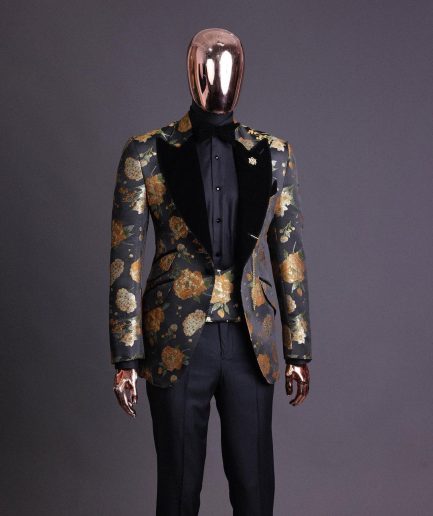 A Charcoal Black, Lemon Green, Orange Mix Metallic Floral Jacquard, Peak Lapel Tuxedo Suit.