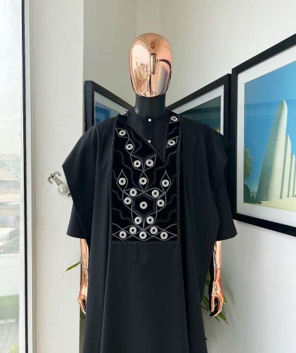 A charcoal black, grommet eyelet on root splash embroidery details agbada