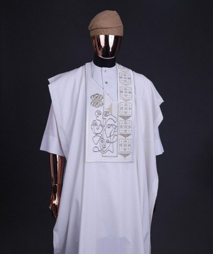 A white, connected faces renaissance maze embroidery details agbada