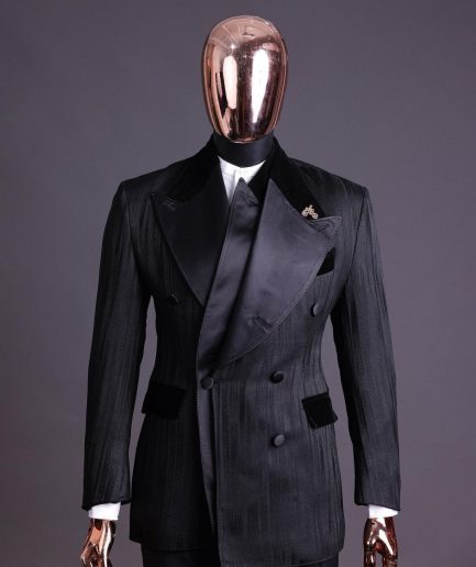 A Charcoal Black “Mandate” rain drop patterned jacquard, triple breasted tuxedo suit