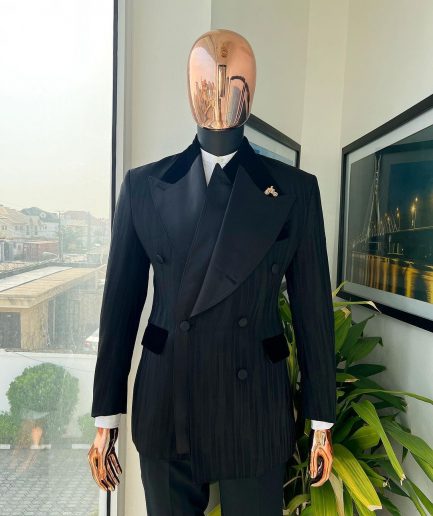 A Charcoal Black “Mandate” rain drop patterned jacquard, triple breasted tuxedo suit