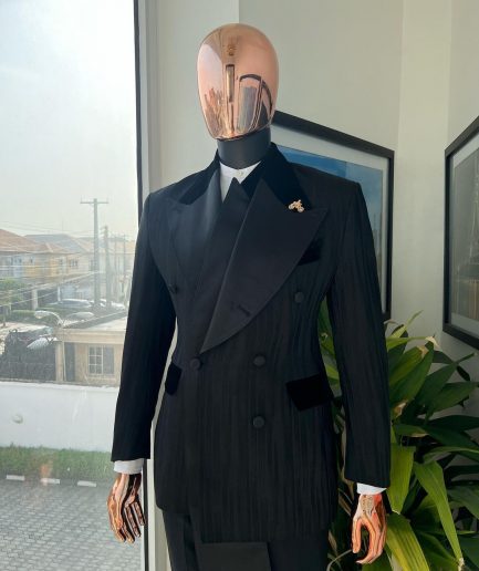 A Charcoal Black “Mandate” rain drop patterned jacquard, triple breasted, dropping sache tuxedo suit