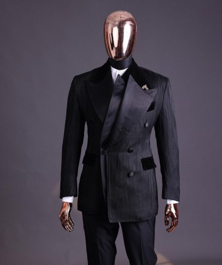 A Charcoal Black “Mandate” rain drop patterned jacquard, triple breasted tuxedo suit