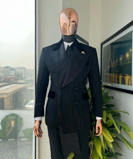 A Charcoal Black “Mandate” rain drop patterned jacquard, triple breasted, dropping sache tuxedo suit